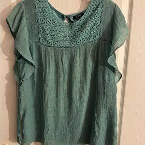 AUW Teal Green Crochet Yoke Flutter Sleeve Blouse
